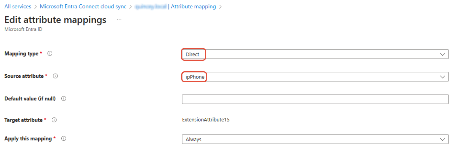 Entra Connect attribute mapping dialog with Direct mapping type and AD field selected